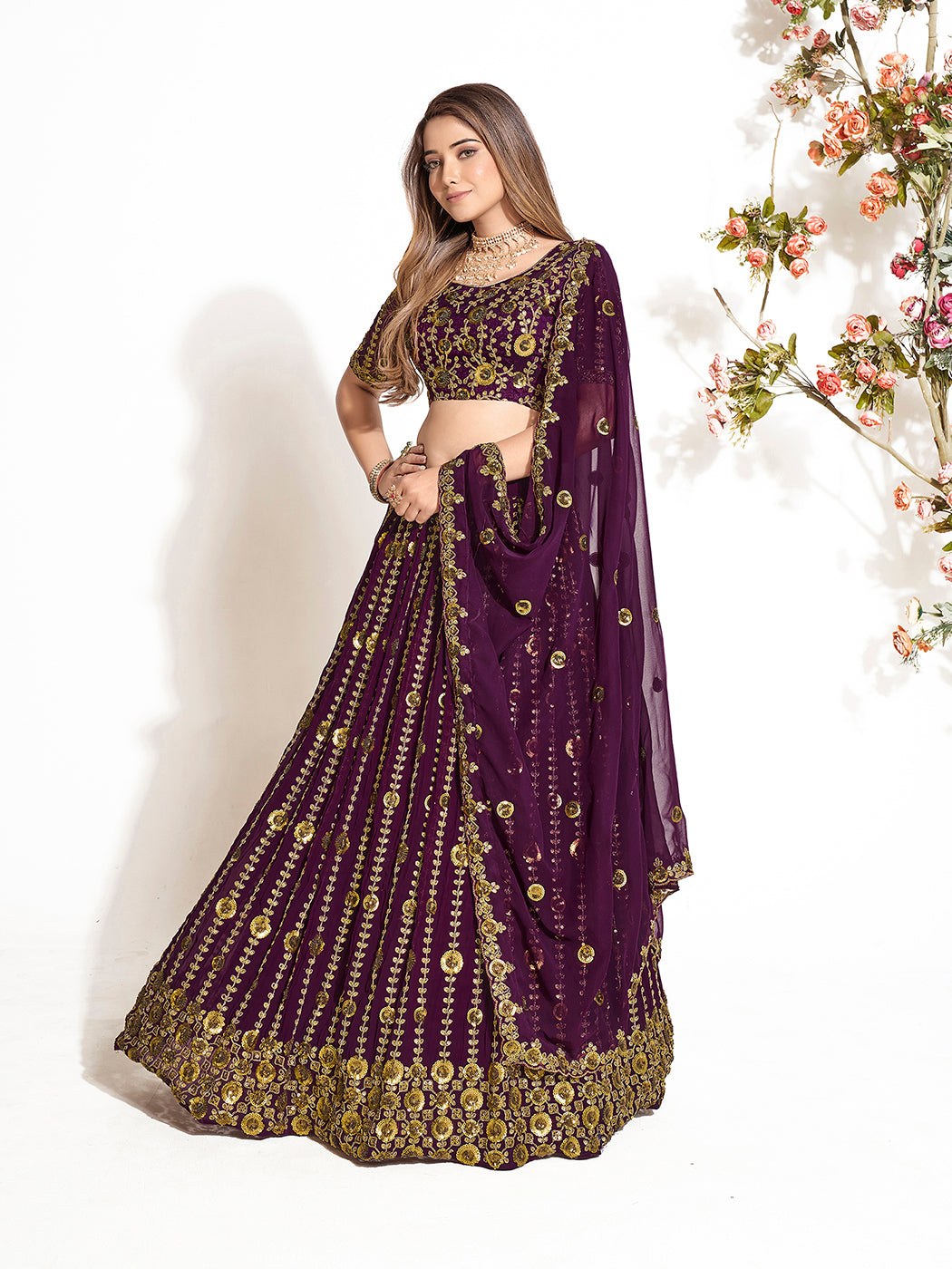 Dark Purple Georgette Embroidered Wedding Lehenga Choli