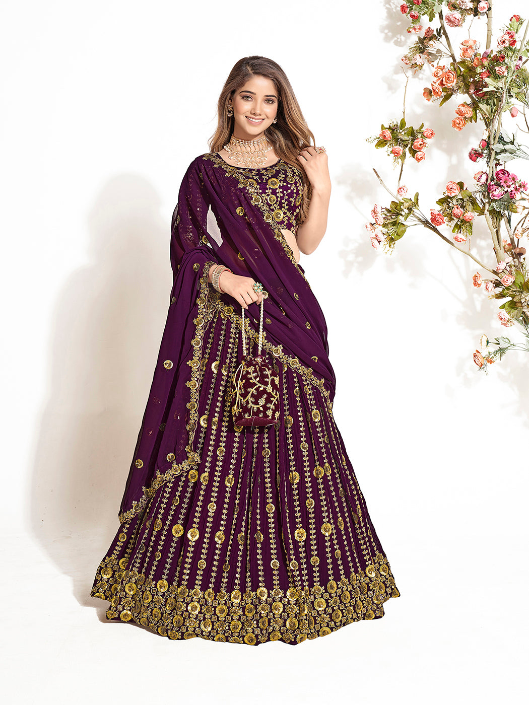 Dark Purple Georgette Embroidered Wedding Lehenga Choli