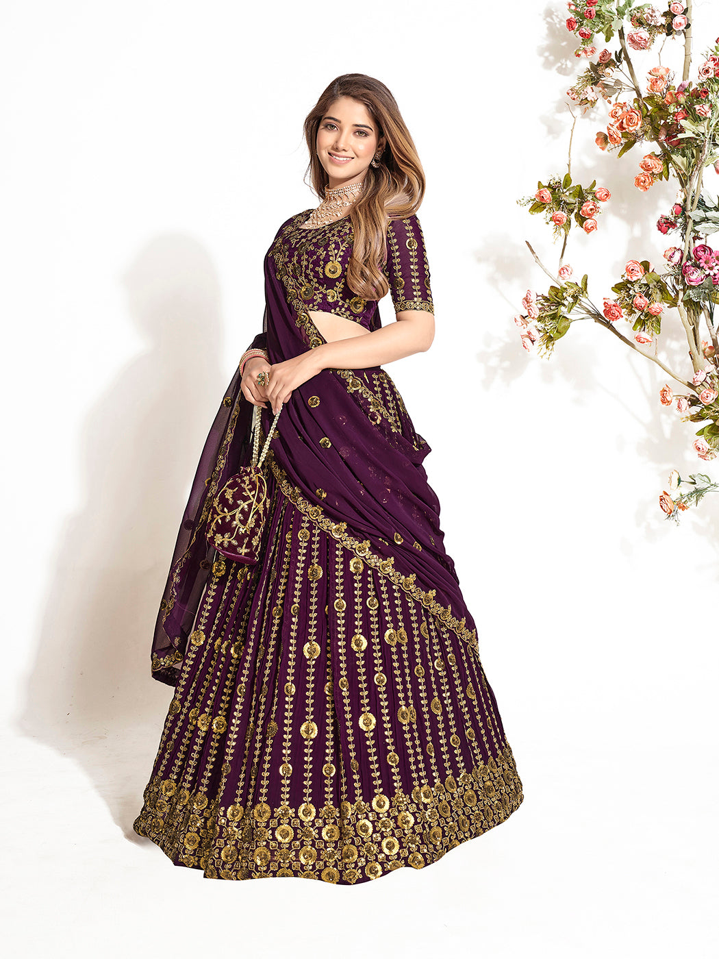 Dark Purple Georgette Embroidered Wedding Lehenga Choli