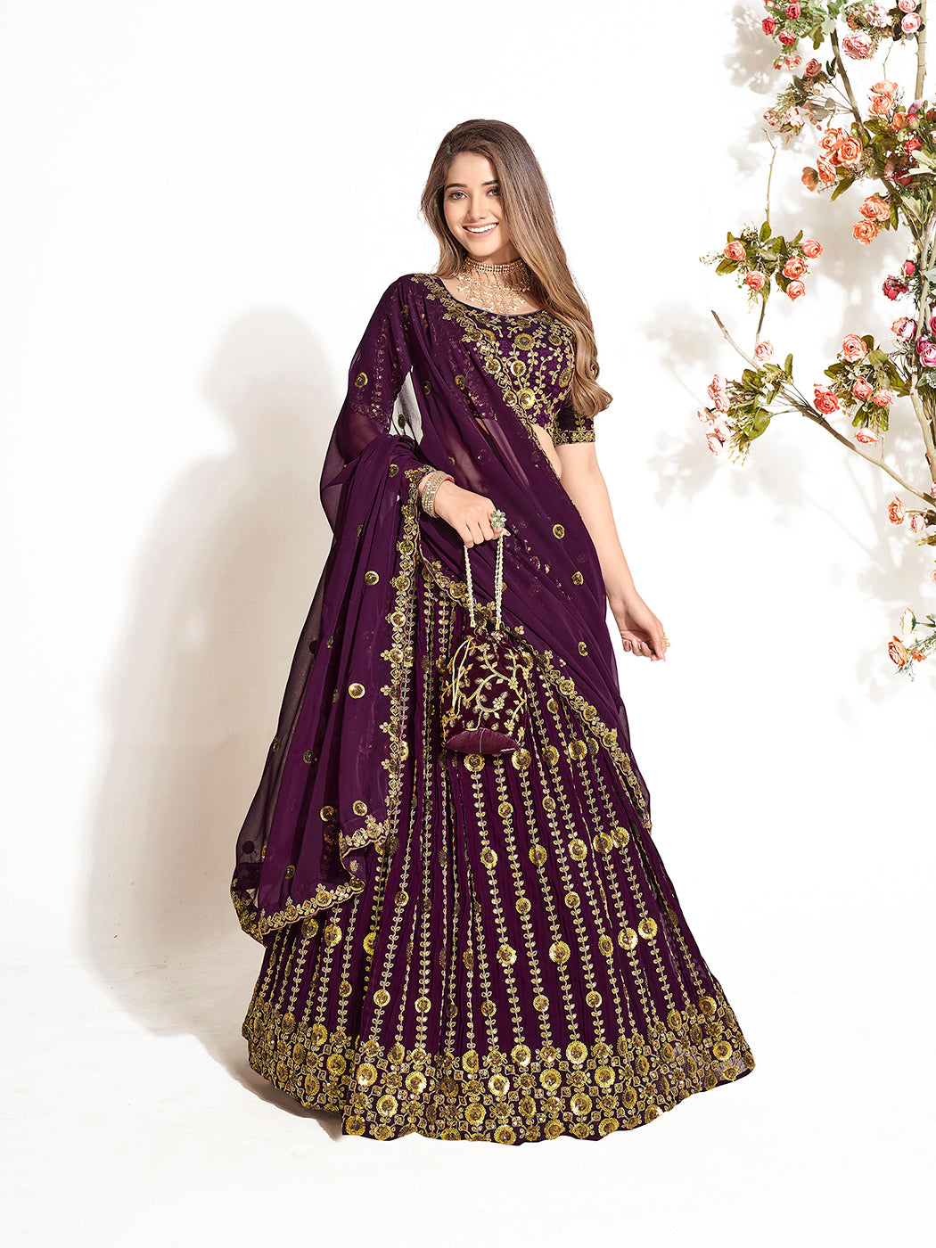 Dark Purple Georgette Embroidered Wedding Lehenga Choli