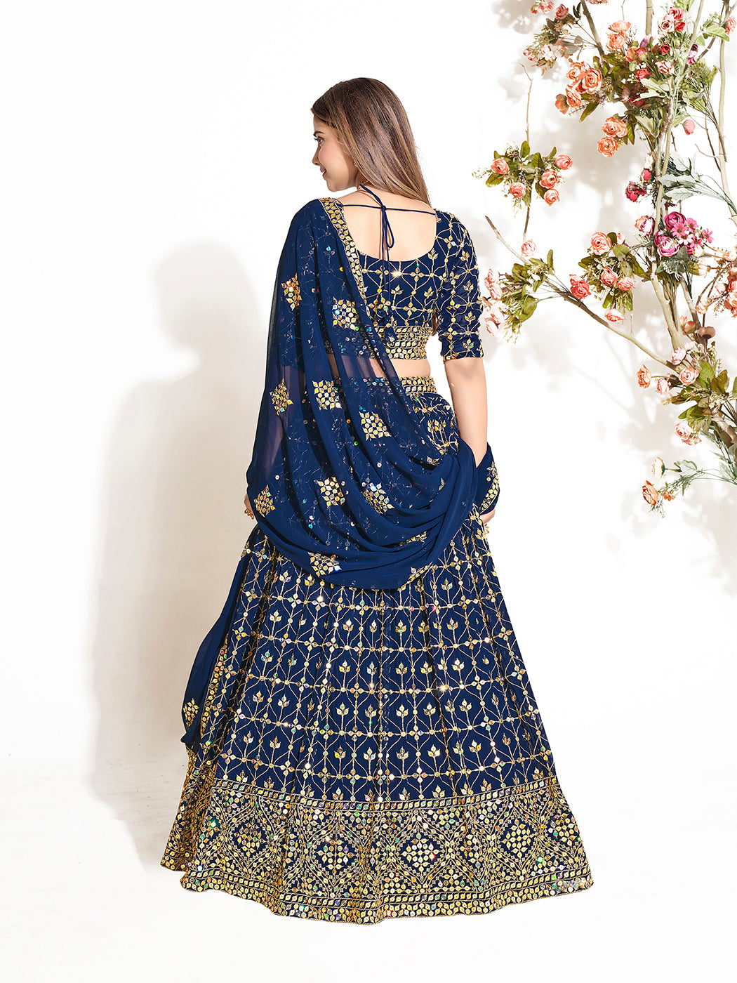 Fancy Navy Blue Georgette Embroidered Wedding Lehenga Choli