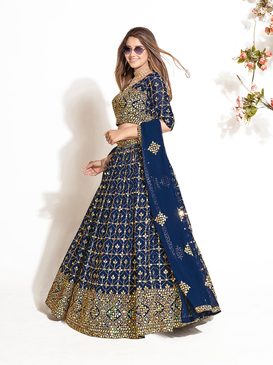 Fancy Navy Blue Georgette Embroidered Wedding Lehenga Choli