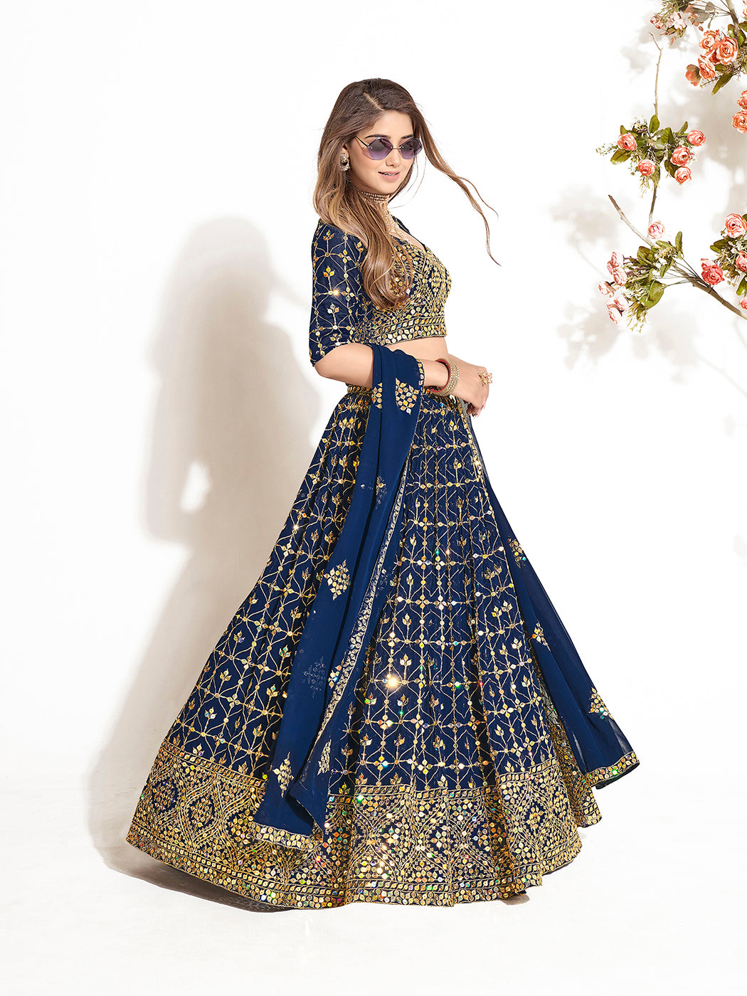 Fancy Navy Blue Georgette Embroidered Wedding Lehenga Choli