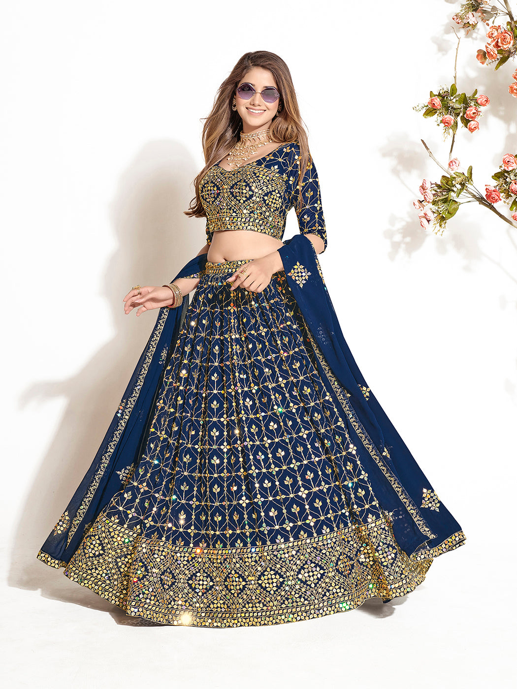 Fancy Navy Blue Georgette Embroidered Wedding Lehenga Choli