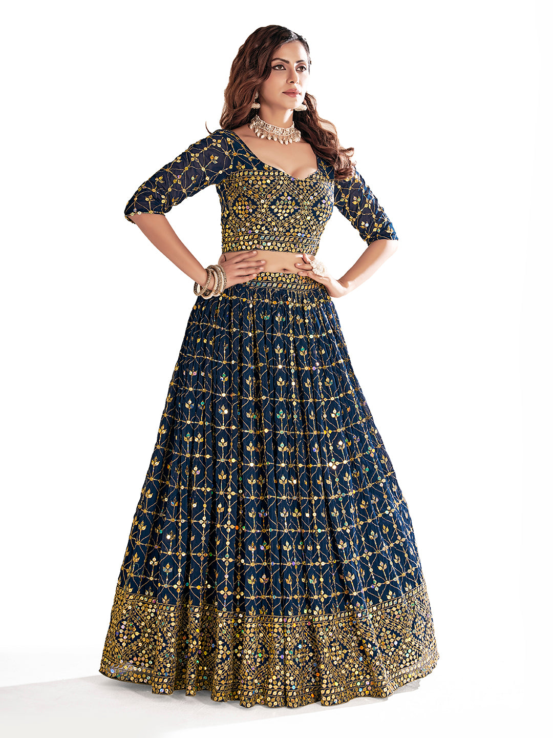 Navy Blue Georgette Embroidered Wedding Lehenga Choli