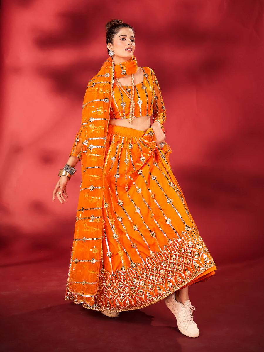 Flame Orange Embroidered Soft Net Lehenga Choli