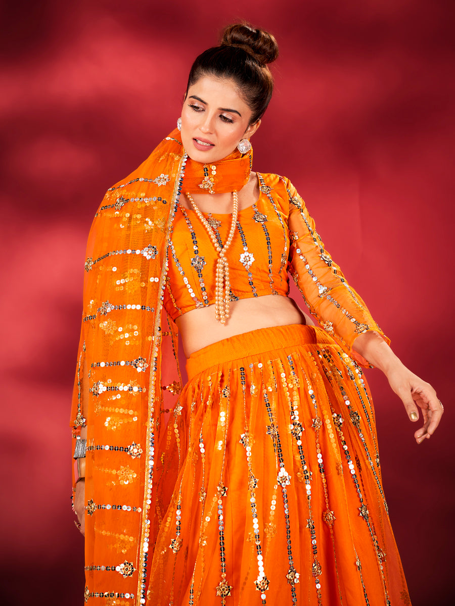 Flame Orange Embroidered Soft Net Lehenga Choli