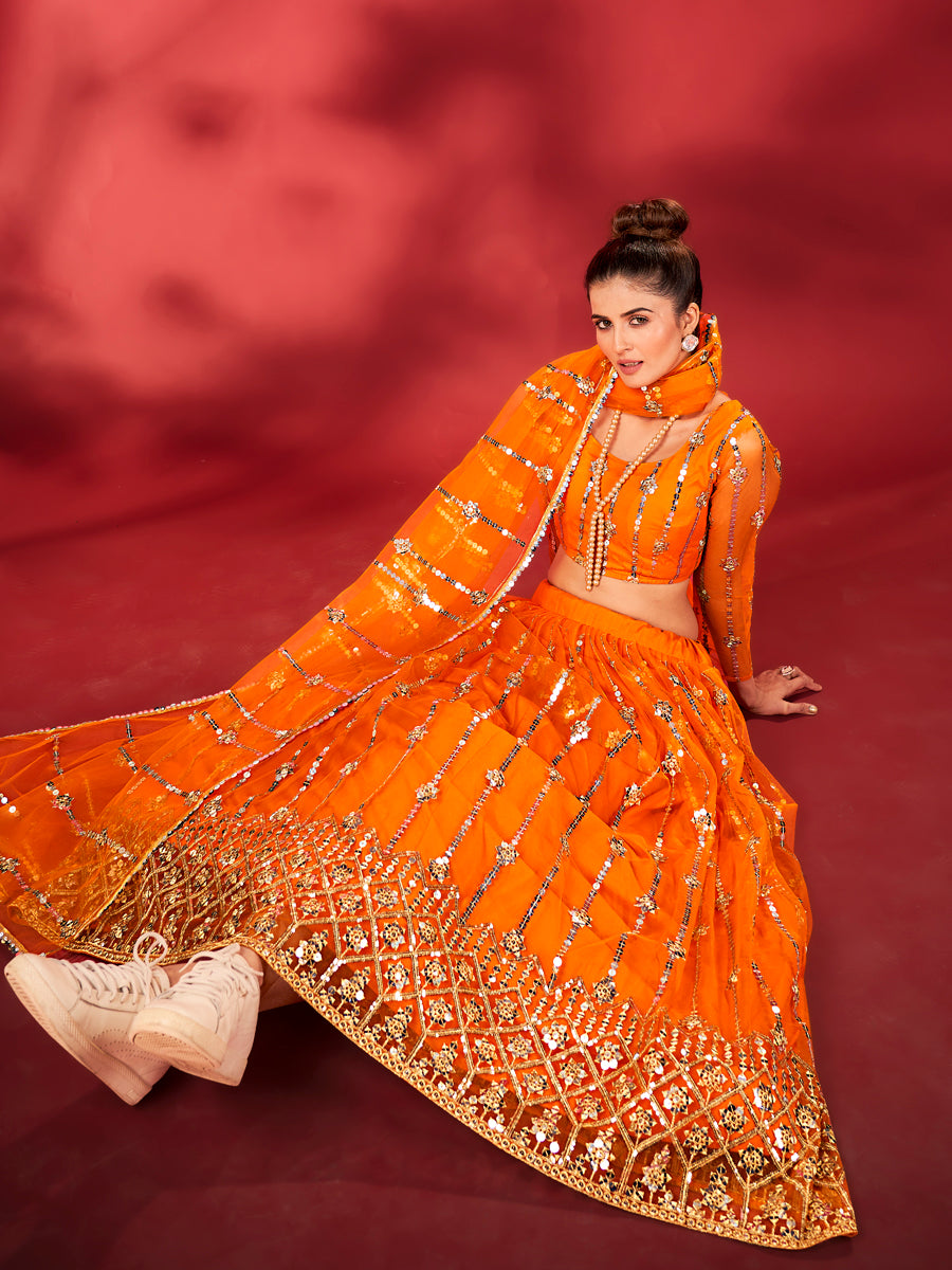 Flame Orange Embroidered Soft Net Lehenga Choli