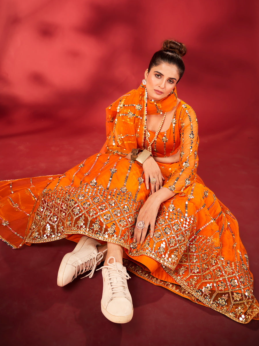 Flame Orange Embroidered Soft Net Lehenga Choli