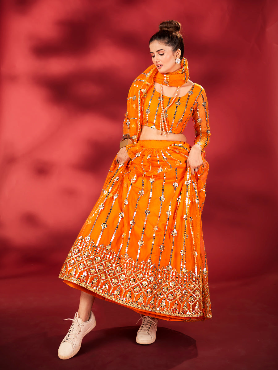 Flame Orange Embroidered Soft Net Lehenga Choli