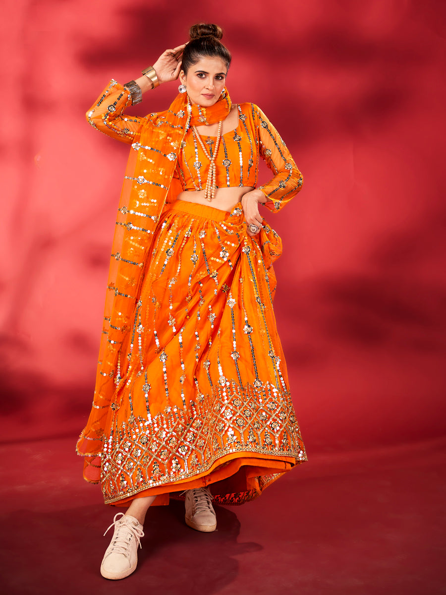 Flame Orange Embroidered Soft Net Lehenga Choli