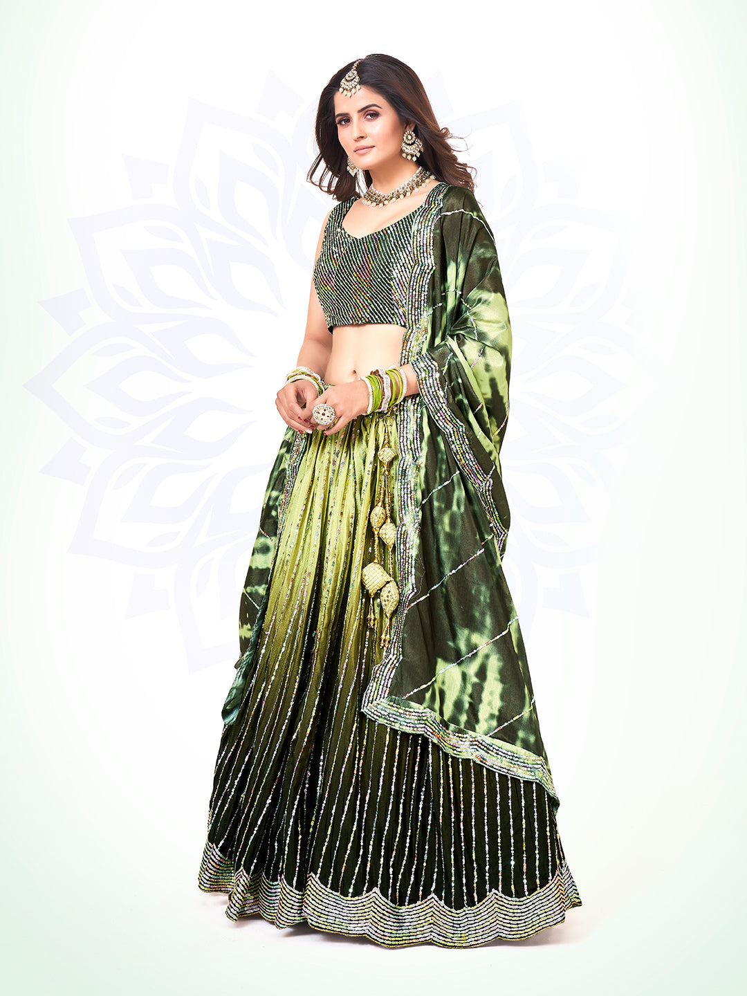 Green Two-Tone Sequin Embroidered Lehenga Choli Set with Dupatta - Elegant Party Wear