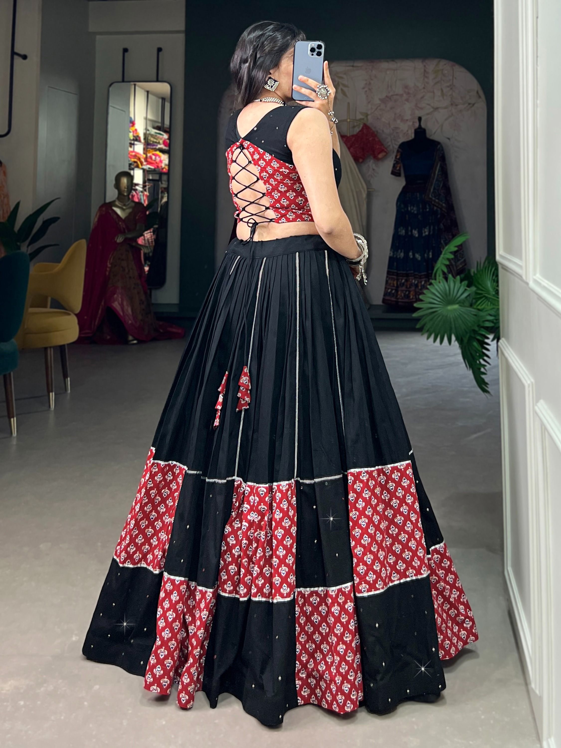 Black Navratri Special Mirror Worked Printed Cotton Lehenga Choli