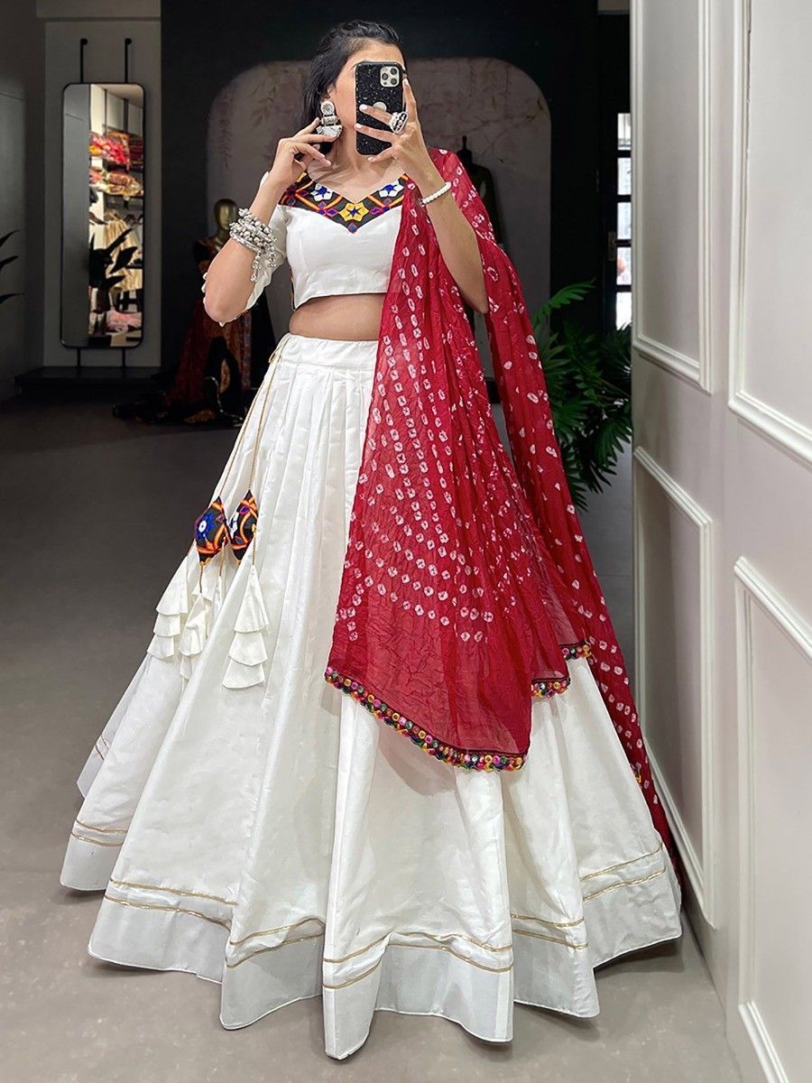 White Navratri Special Gamthi Work Cotton Lehenga Choli