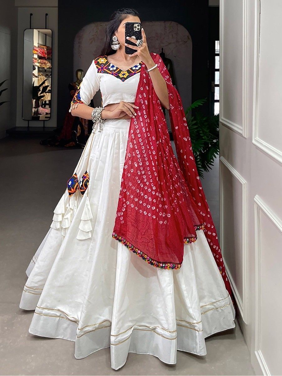 White Navratri Special Gamthi Work Cotton Lehenga Choli