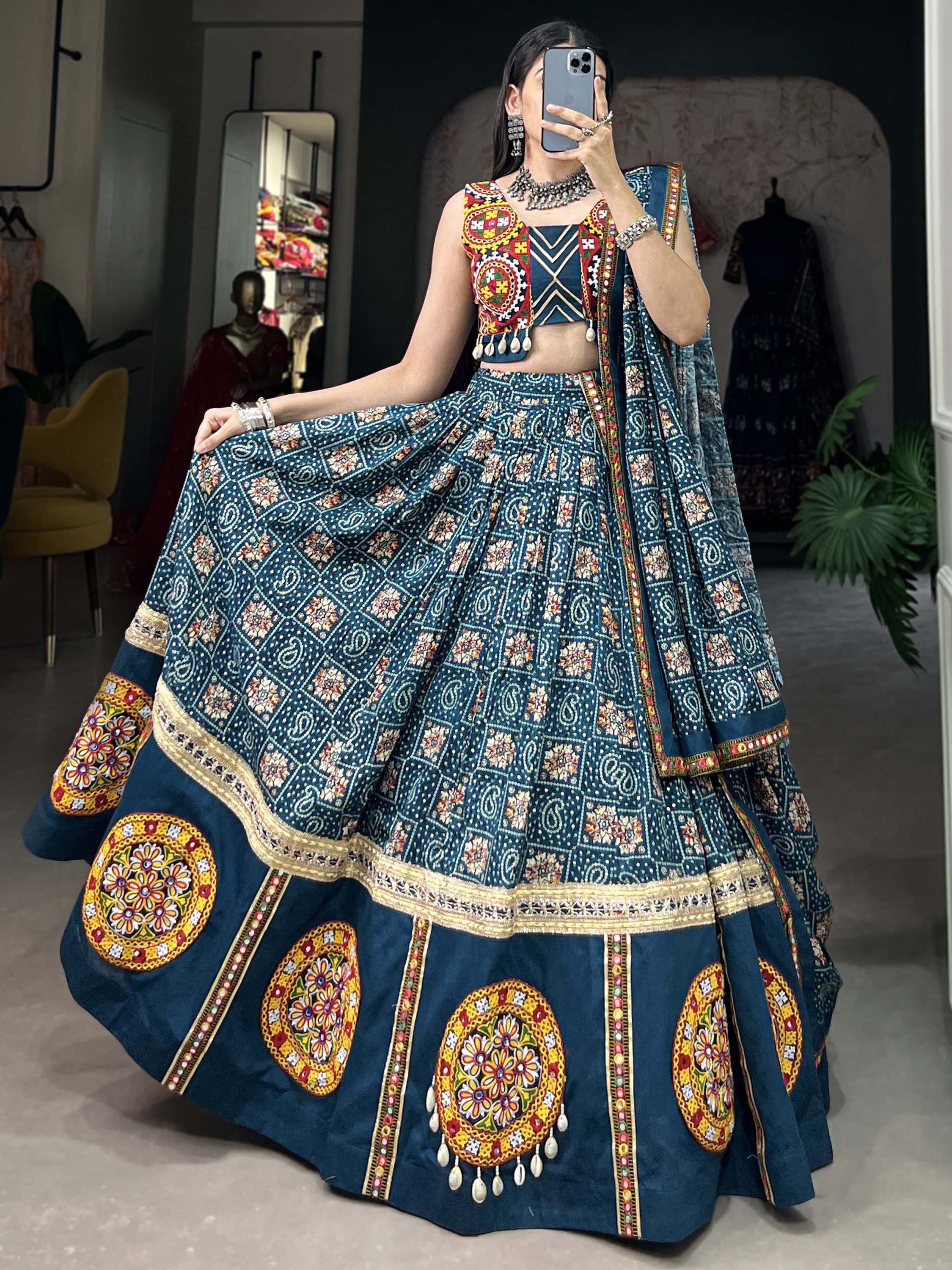 Teal Blue Navratri Special Printed Cotton Lehenga Choli