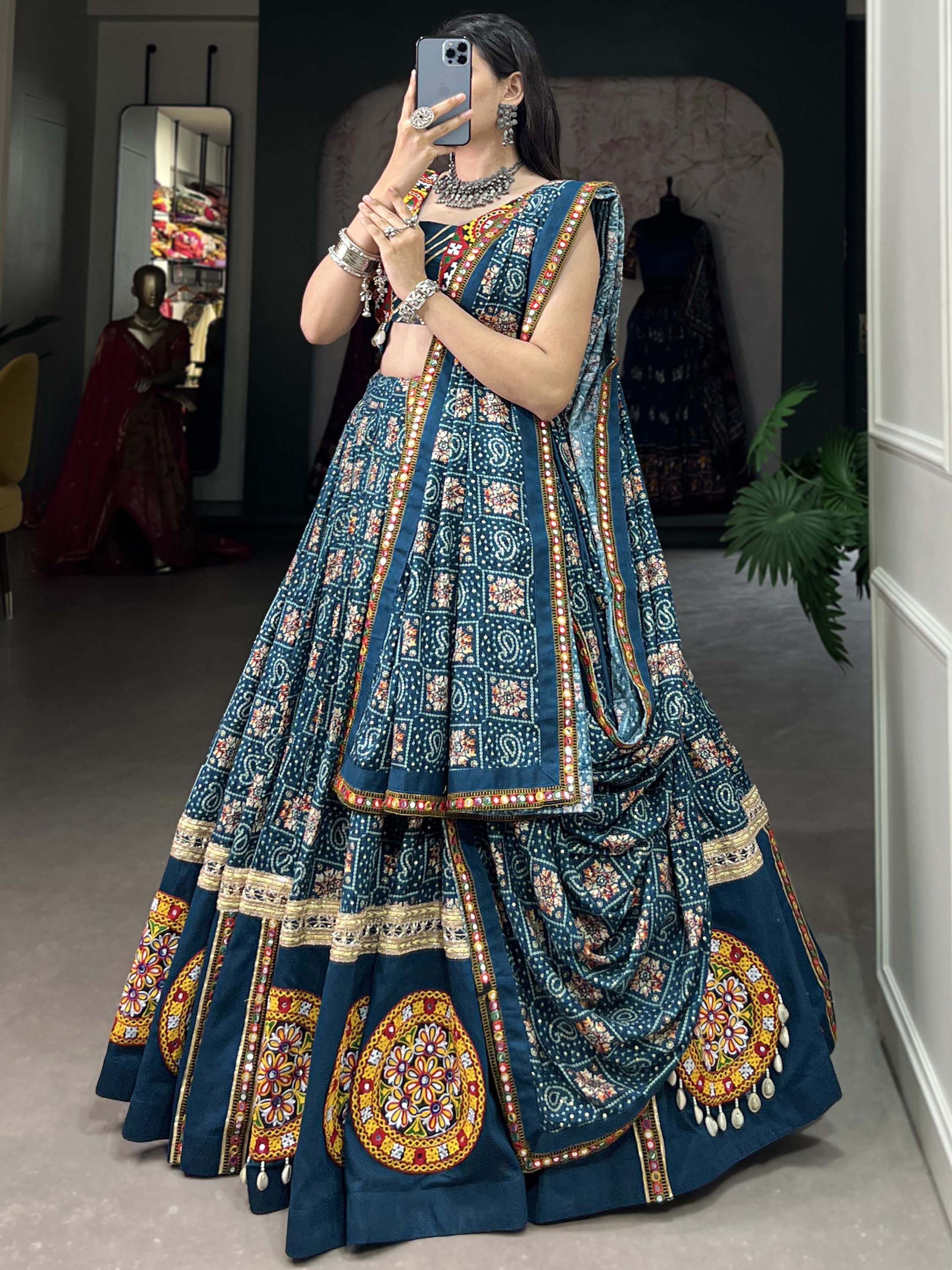 Teal Blue Navratri Special Printed Cotton Lehenga Choli