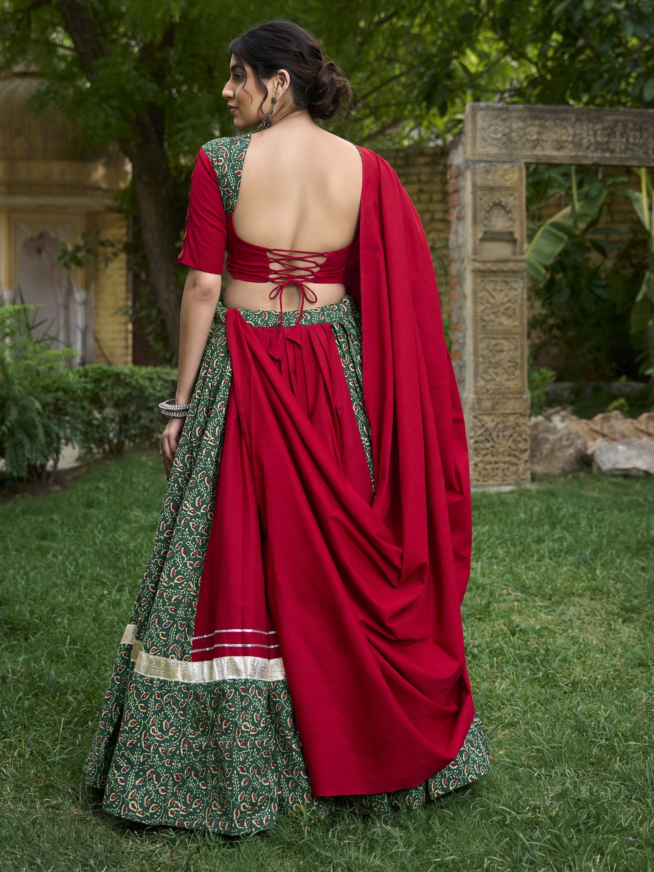 Green & Red Gamthi Work Cotton Navratri Lehenga Choli