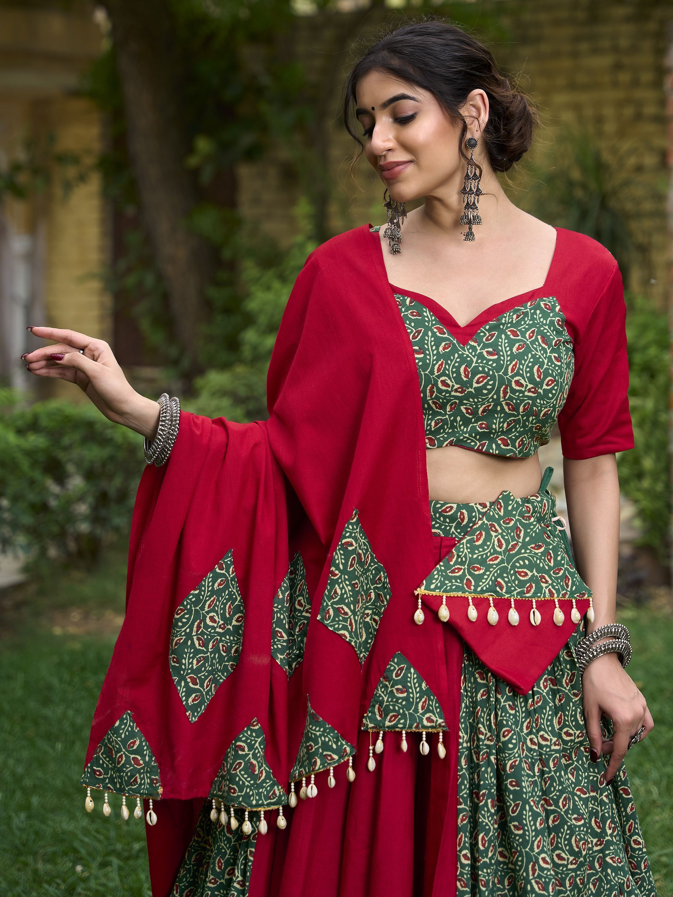 Green & Red Gamthi Work Cotton Navratri Lehenga Choli