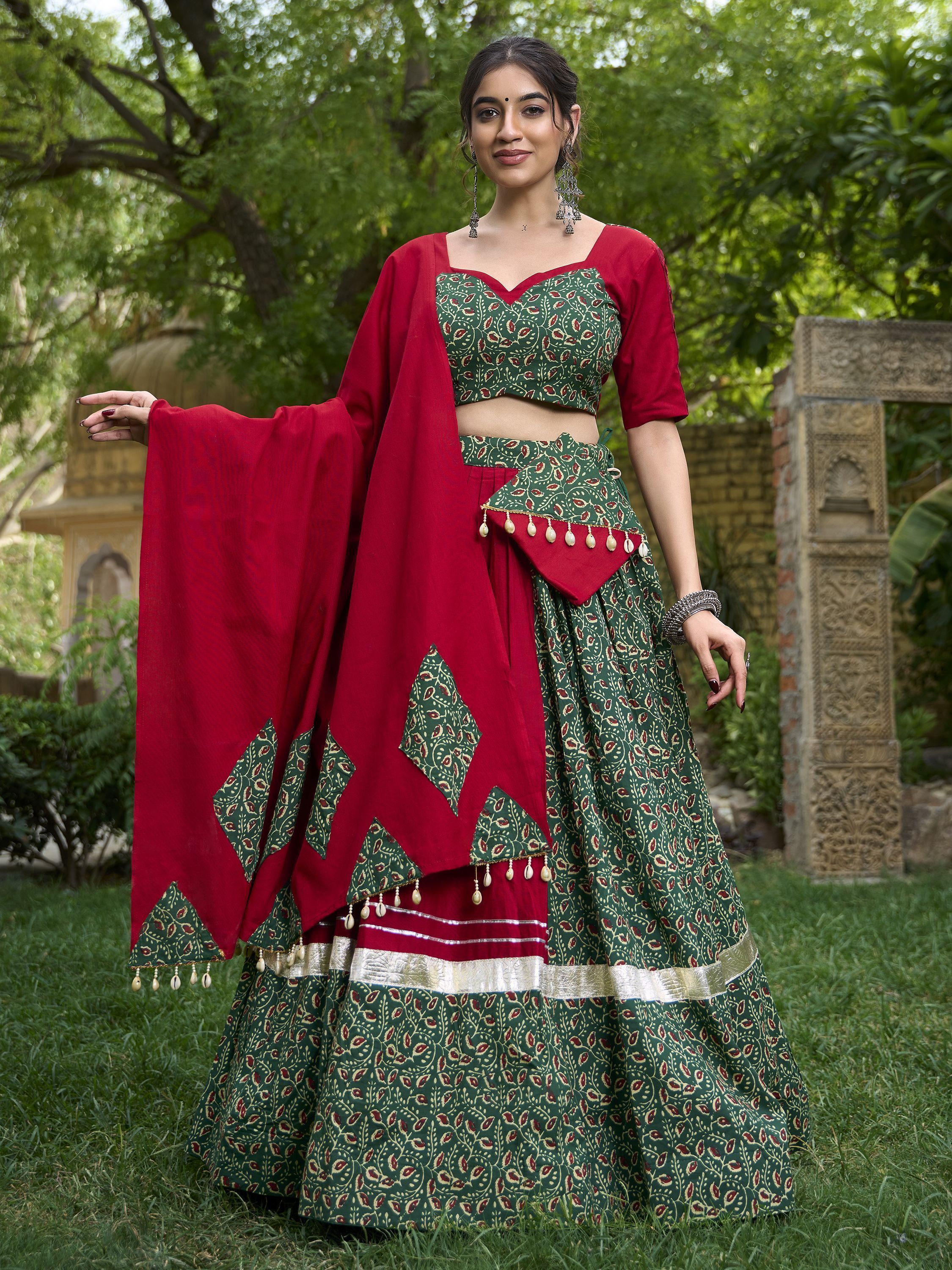 Green & Red Gamthi Work Cotton Navratri Lehenga Choli