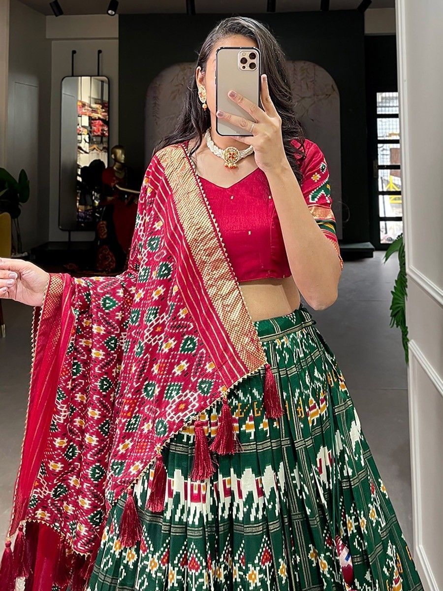 Green & Red Silk Patola Printed Navratri Wear Lehenga Choli