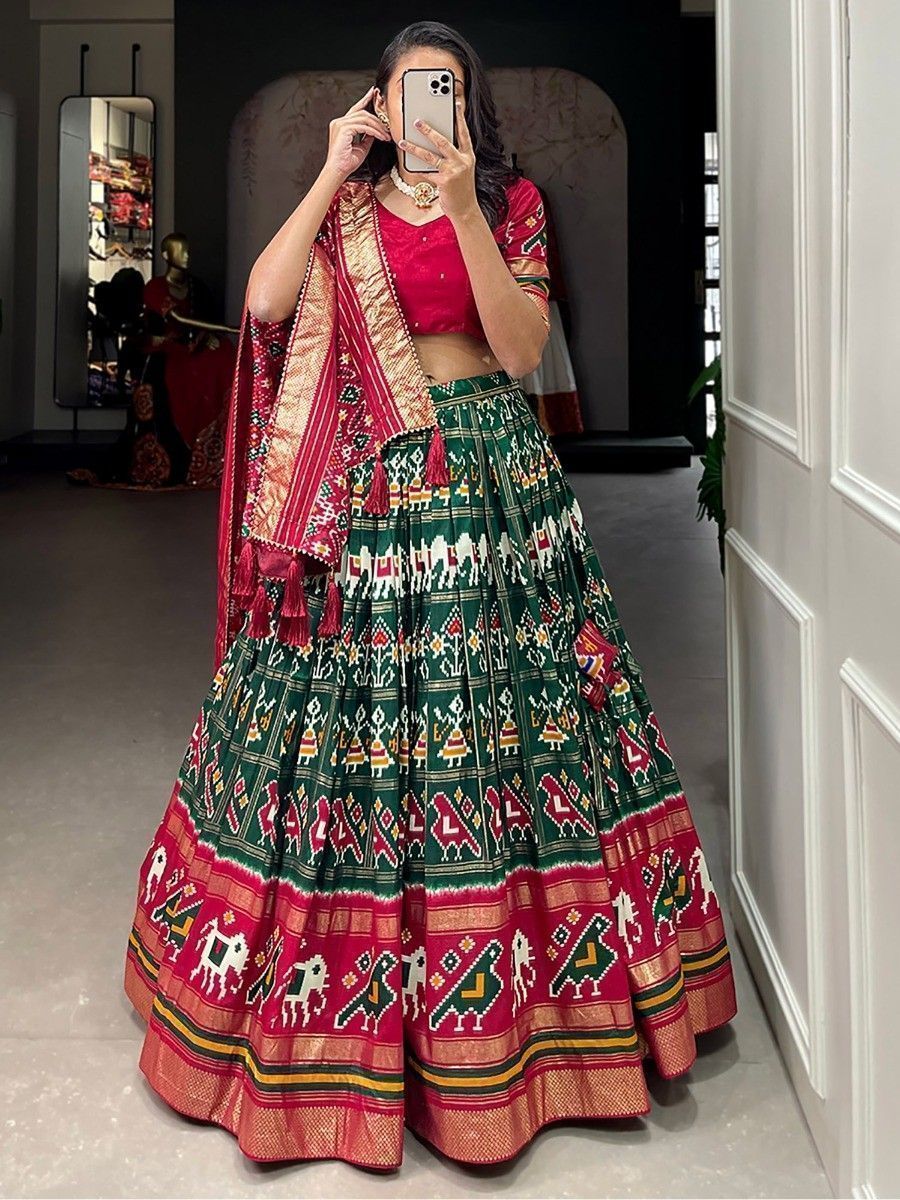 Green & Red Silk Patola Printed Navratri Wear Lehenga Choli