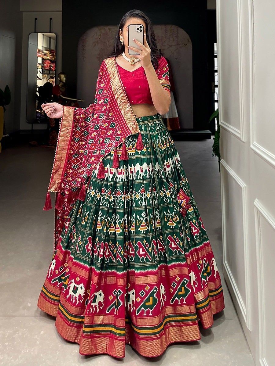 Green & Red Silk Patola Printed Navratri Wear Lehenga Choli