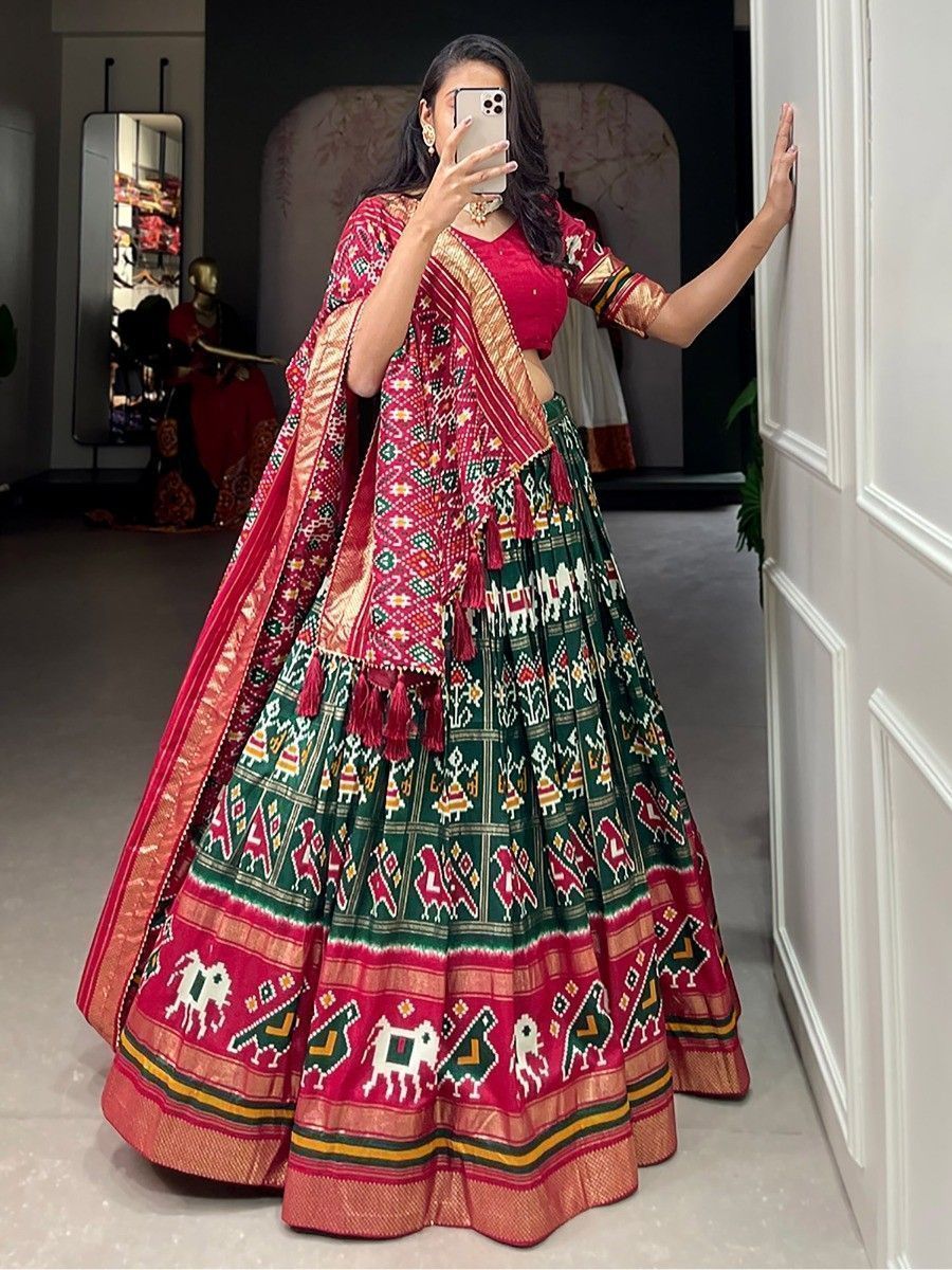 Green & Red Silk Patola Printed Navratri Wear Lehenga Choli