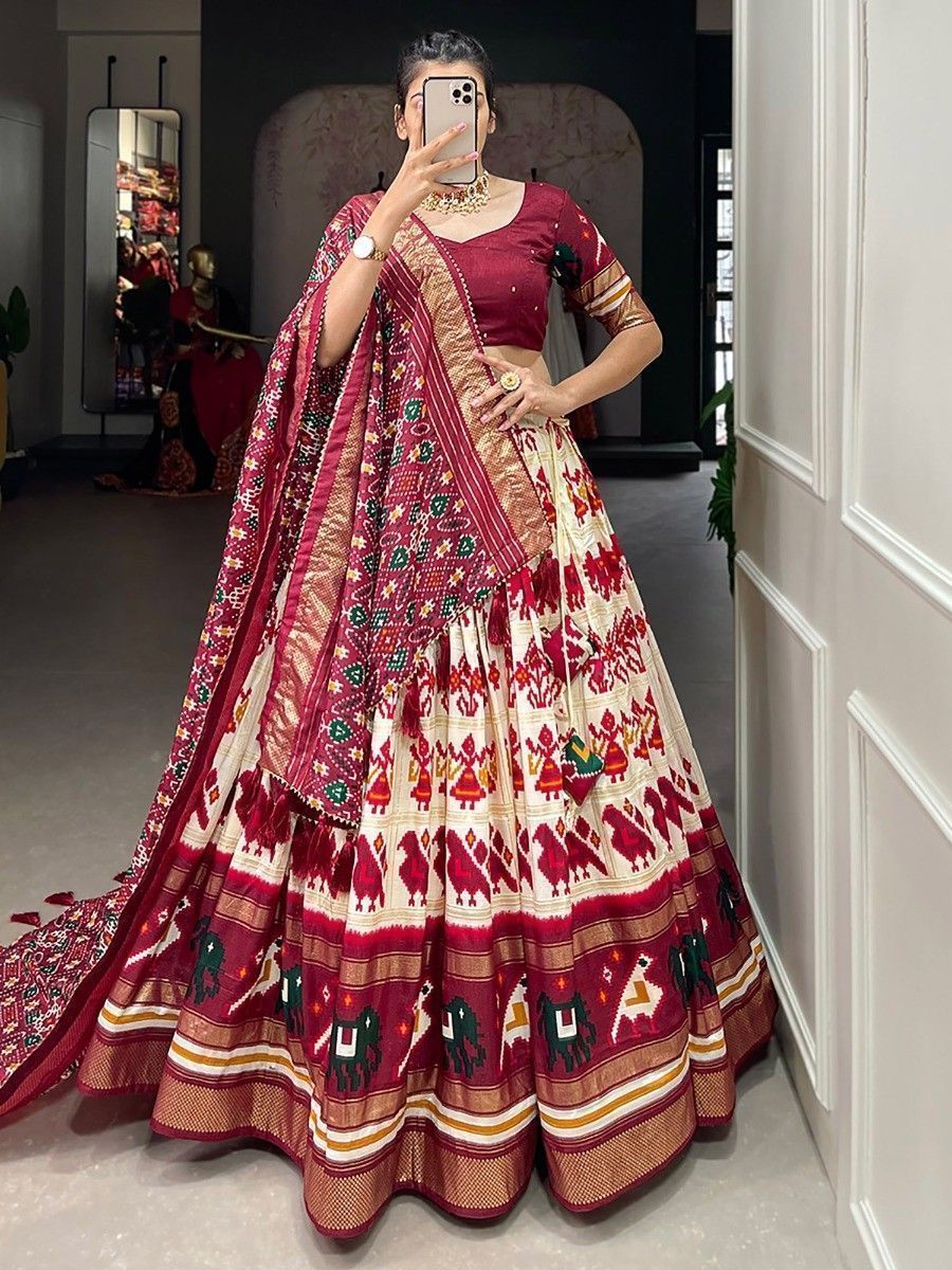 Off White & Red Silk Patola Printed Navratri Wear Lehenga Choli