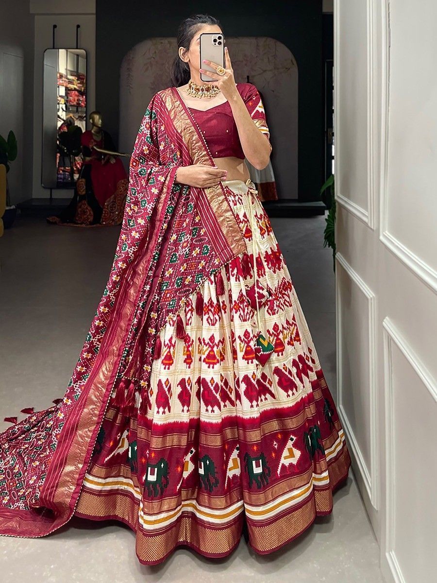 Off White & Red Silk Patola Printed Navratri Wear Lehenga Choli