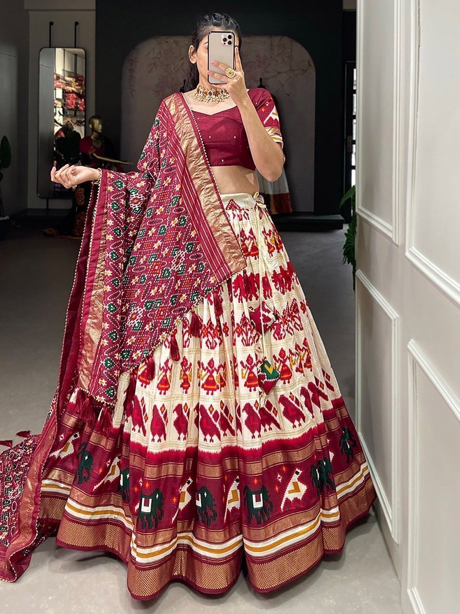 Off White & Red Silk Patola Printed Navratri Wear Lehenga Choli