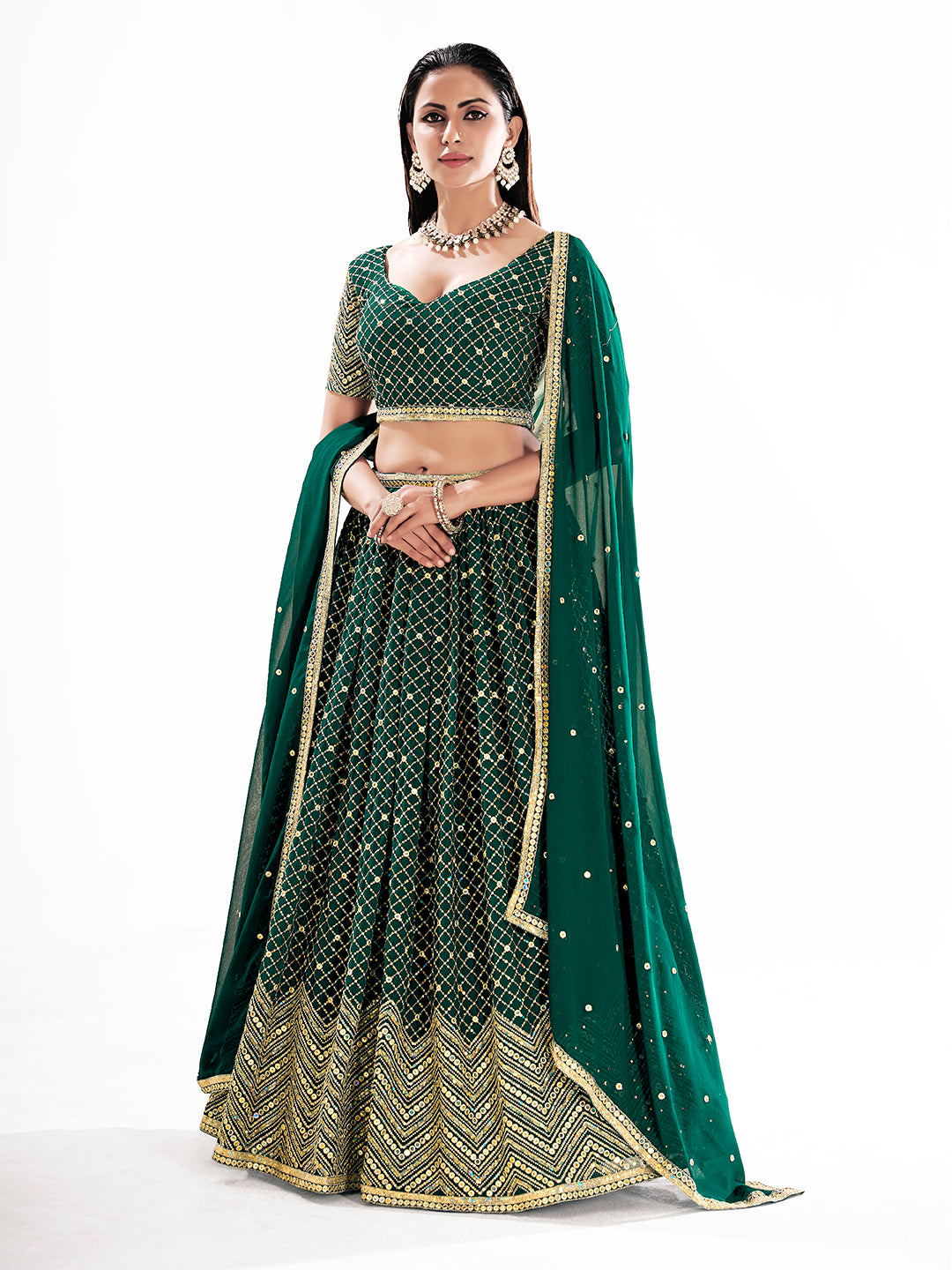 Green Embroidered Semi-Stitch Wedding Lehenga Choli