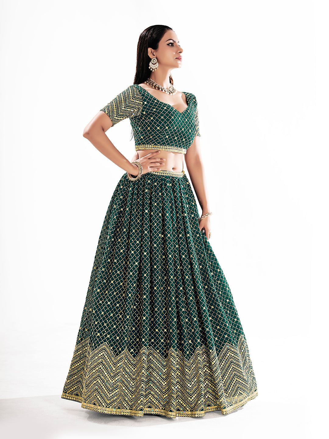 Green Embroidered Semi-Stitch Wedding Lehenga Choli