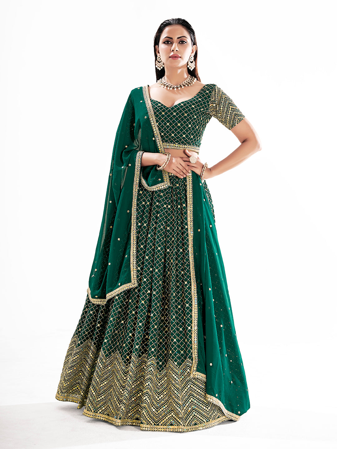 Green Embroidered Semi-Stitch Wedding Lehenga Choli