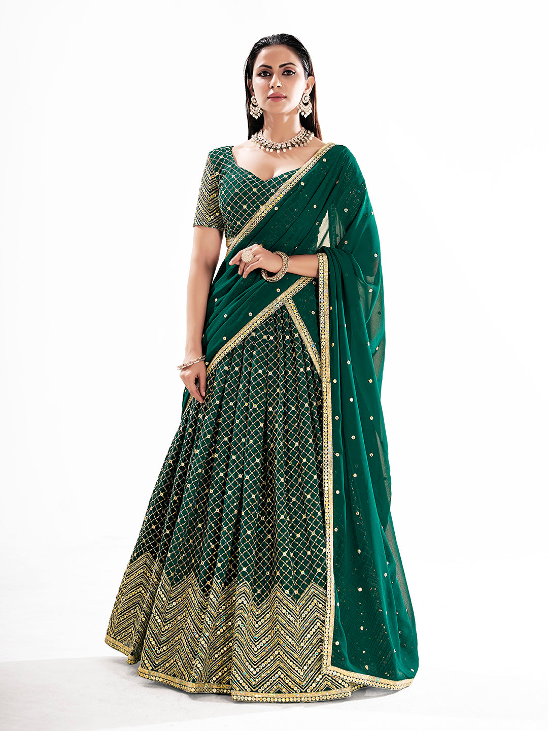 Green Embroidered Semi-Stitch Wedding Lehenga Choli