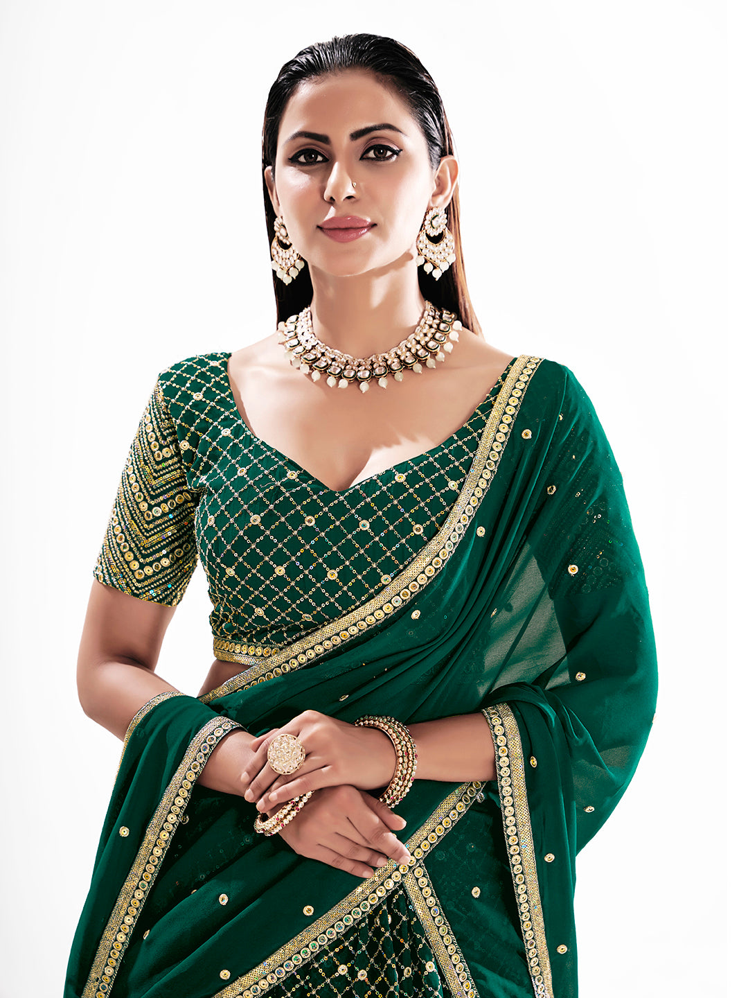 Green Embroidered Semi-Stitch Wedding Lehenga Choli