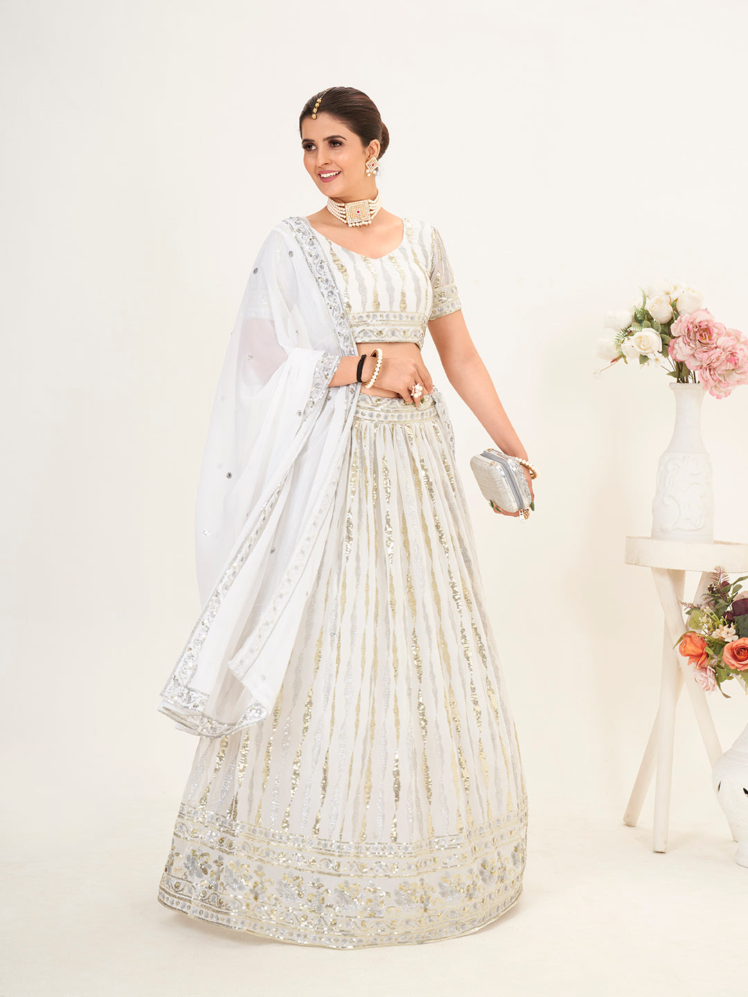 White Georgette Embroidered Wedding Lehenga Choli