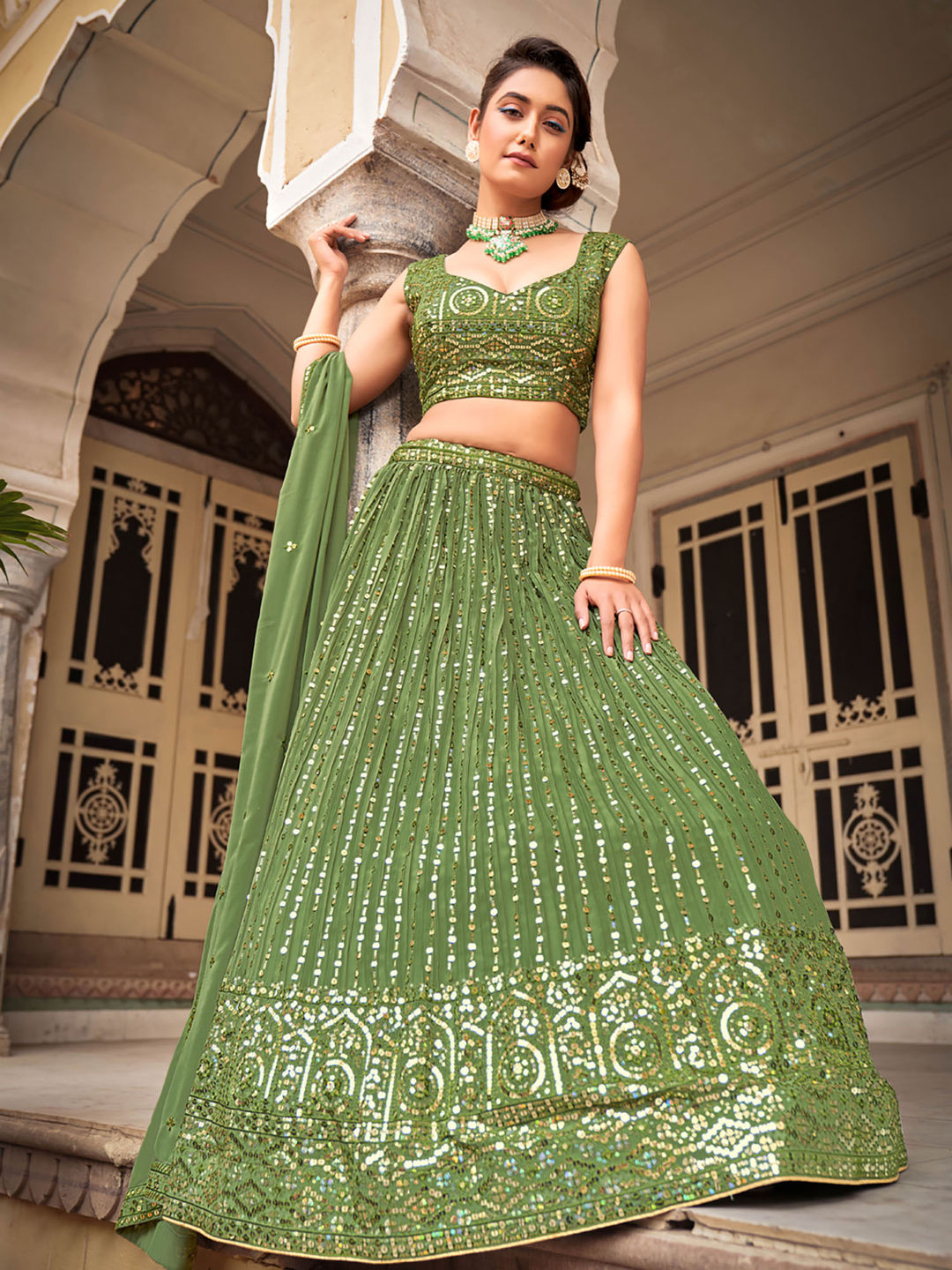 Green Designer Georgette Embroidered Lehenga Choli