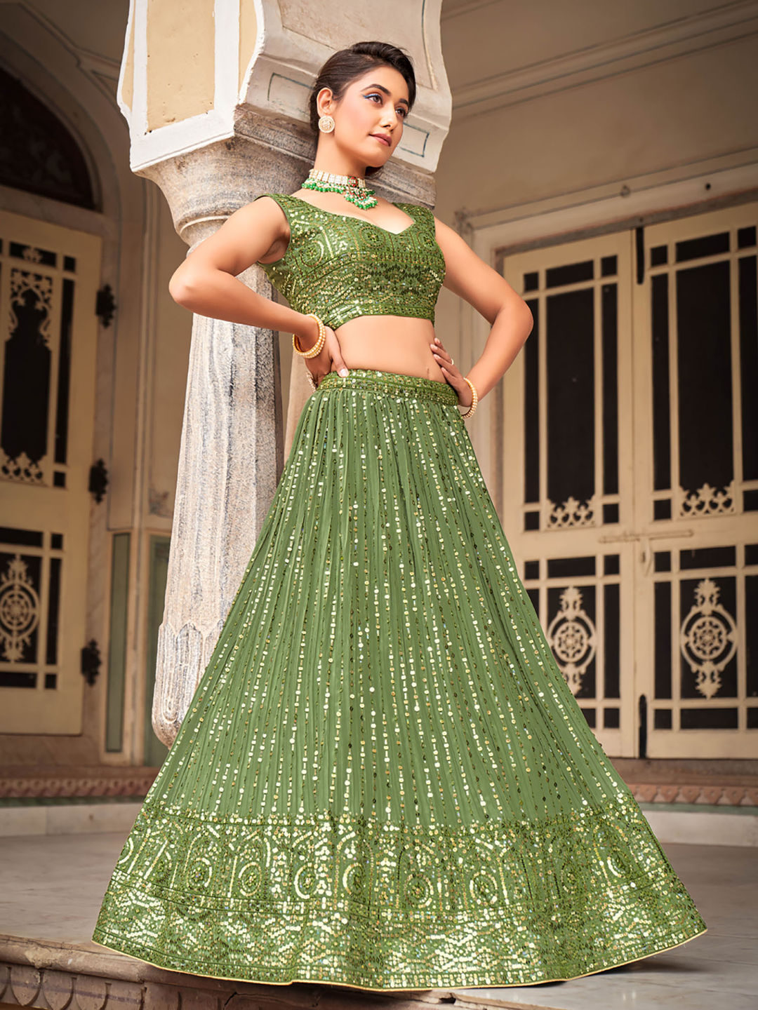 Green Designer Georgette Embroidered Lehenga Choli