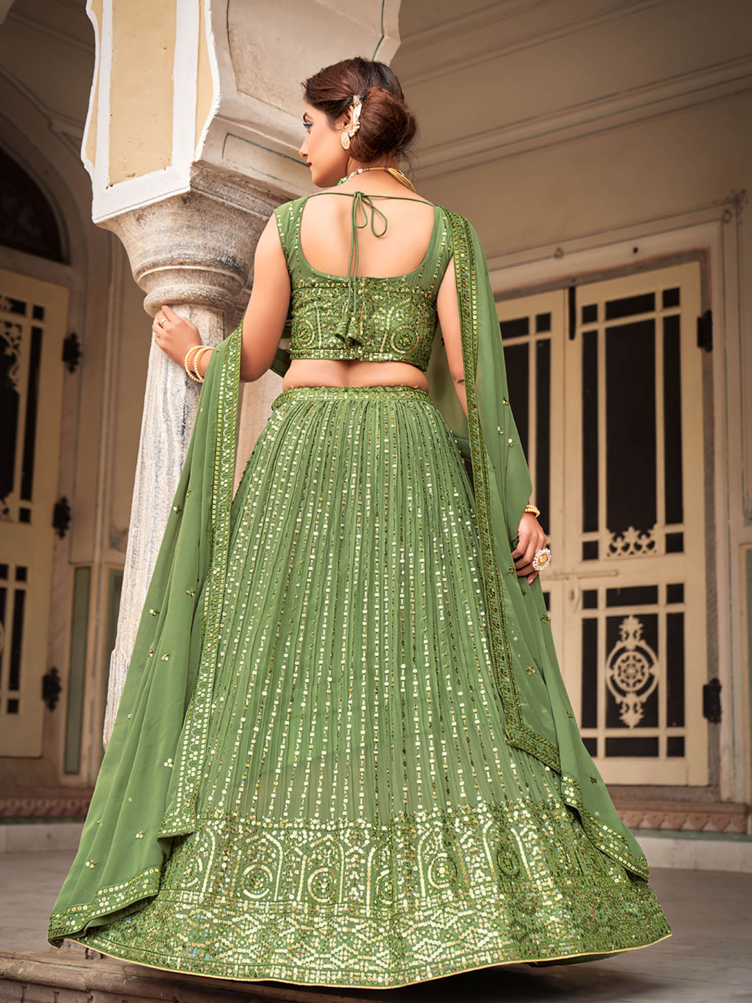 Green Designer Georgette Embroidered Lehenga Choli