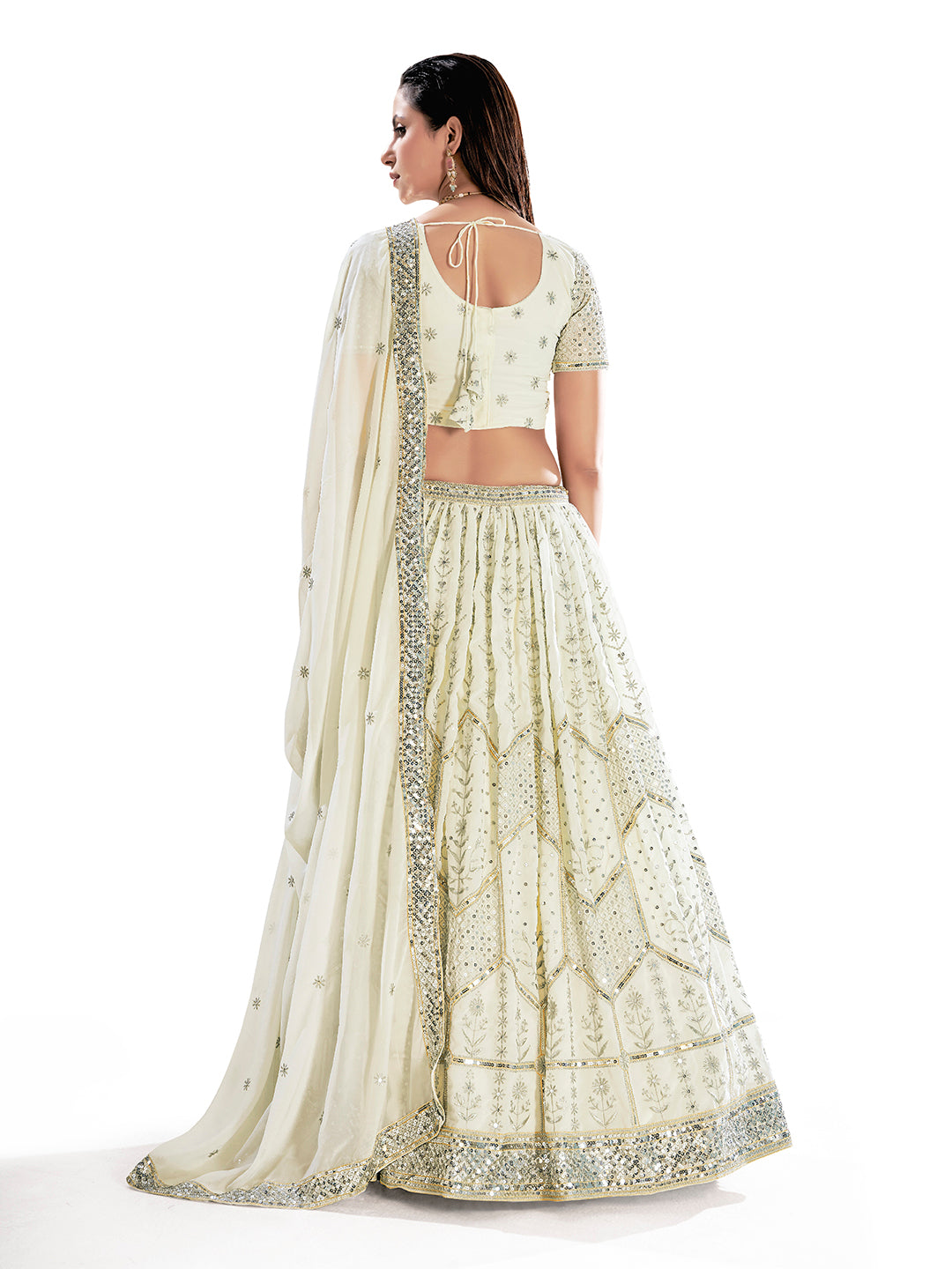 White & Gold Embroidered Wedding Semi-Stitch Lehenga Choli