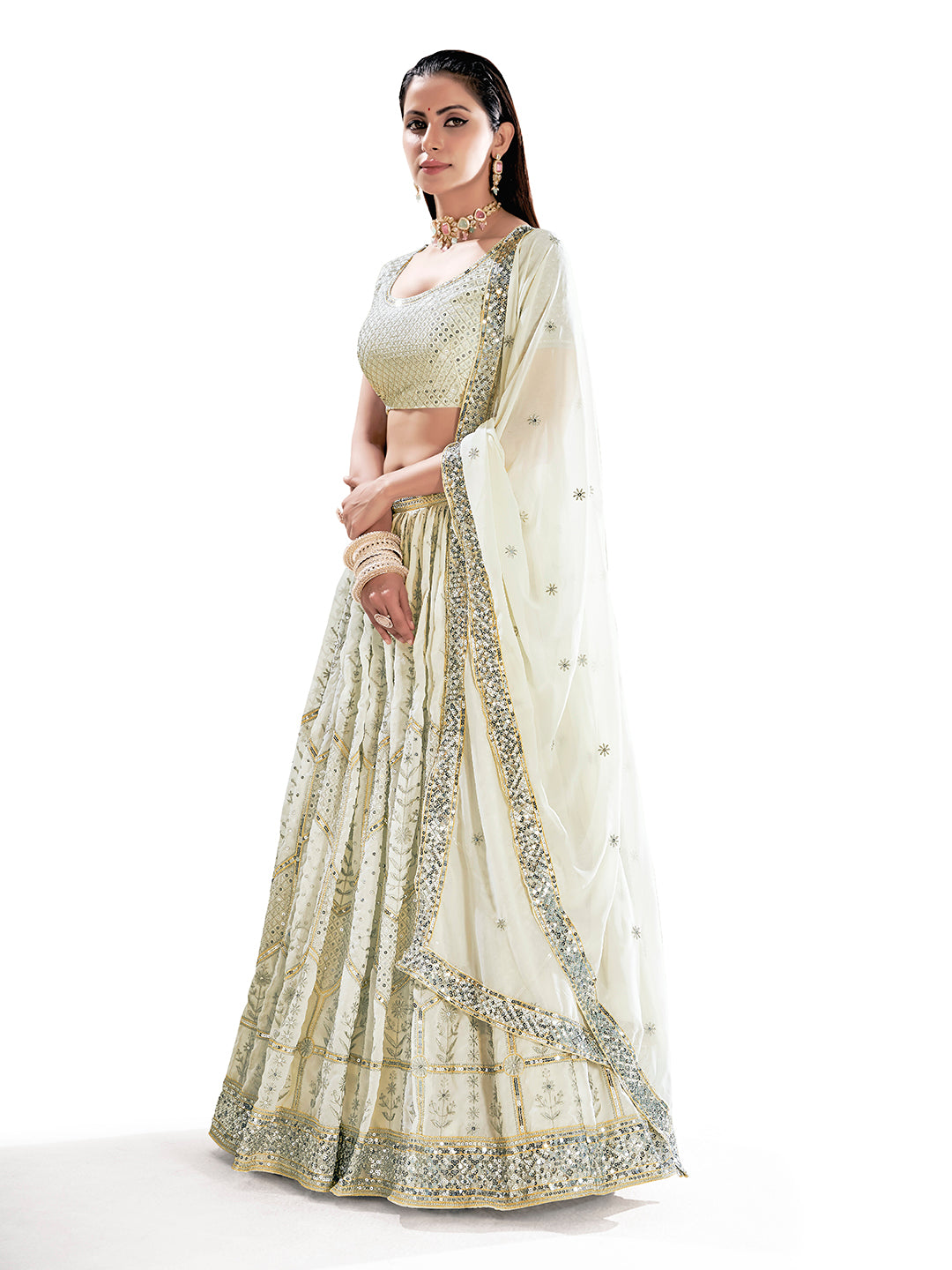 White & Gold Embroidered Wedding Semi-Stitch Lehenga Choli