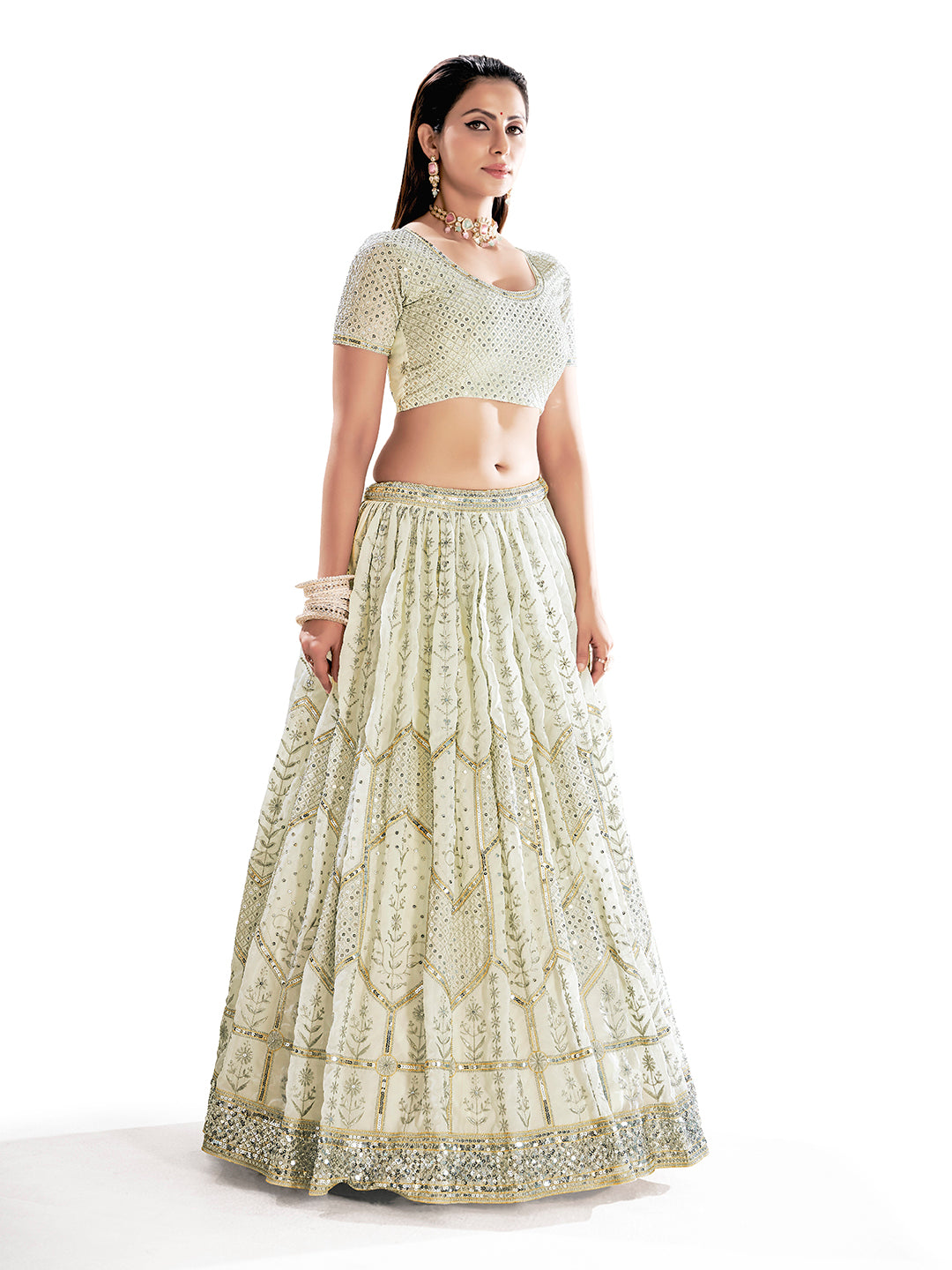 White & Gold Embroidered Wedding Semi-Stitch Lehenga Choli