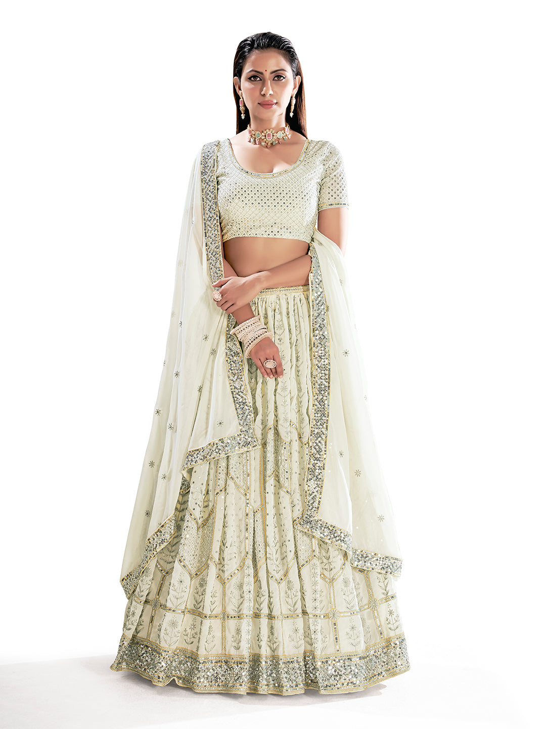 White & Gold Embroidered Wedding Semi-Stitch Lehenga Choli