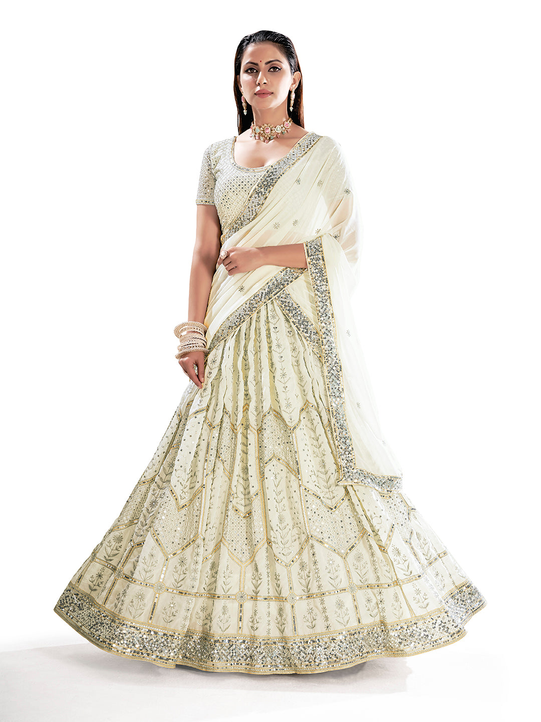 White & Gold Embroidered Wedding Semi-Stitch Lehenga Choli