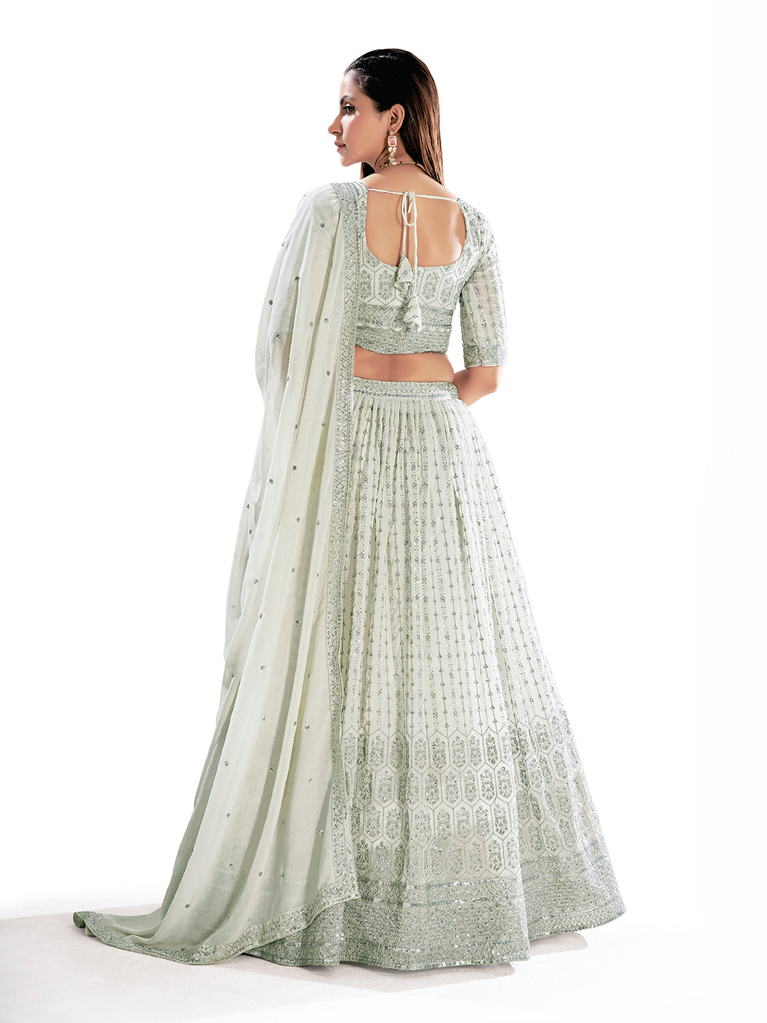 White Semi-Stitched Lehenga & Unstitched Blouse With Dupatta