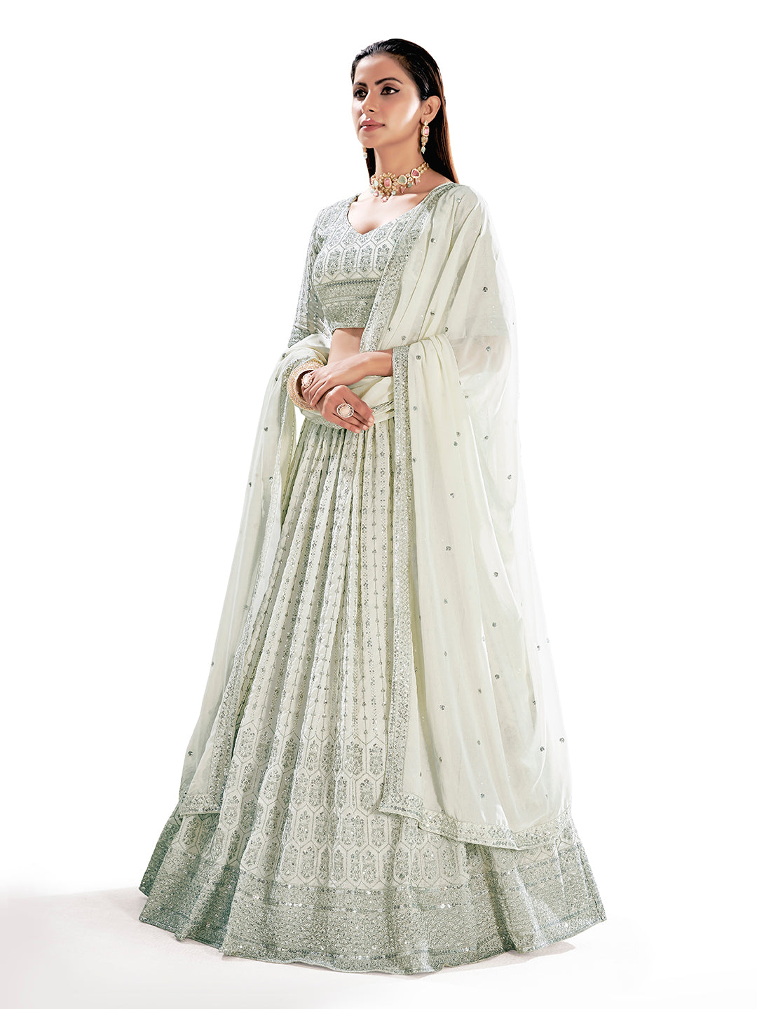 White Semi-Stitched Lehenga & Unstitched Blouse With Dupatta