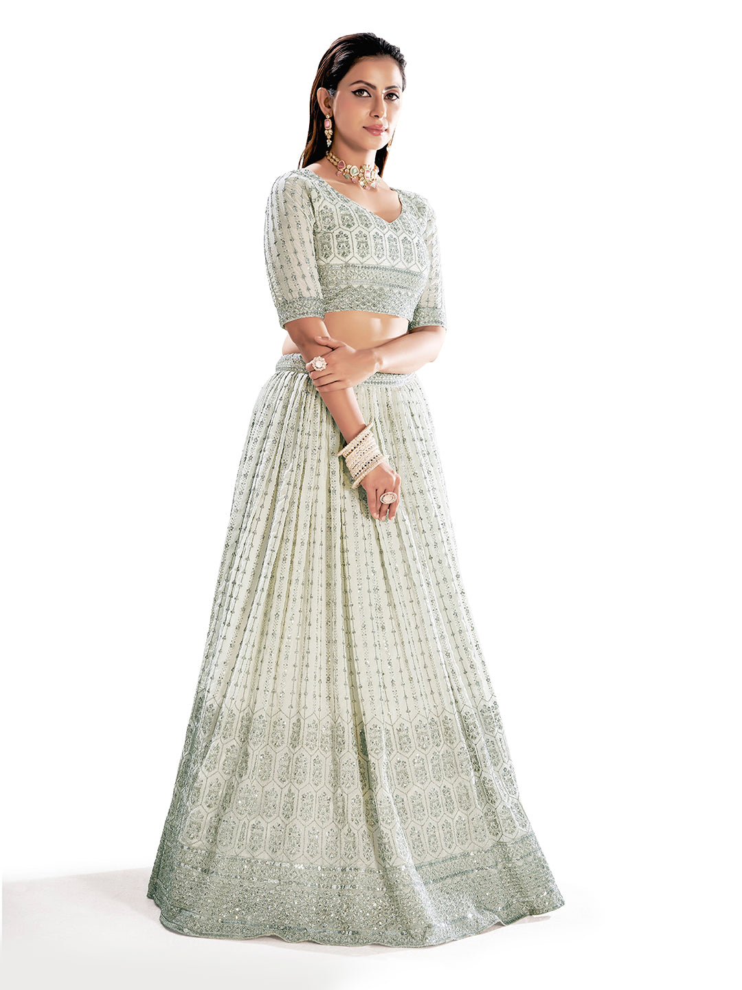 White Semi-Stitched Lehenga & Unstitched Blouse With Dupatta