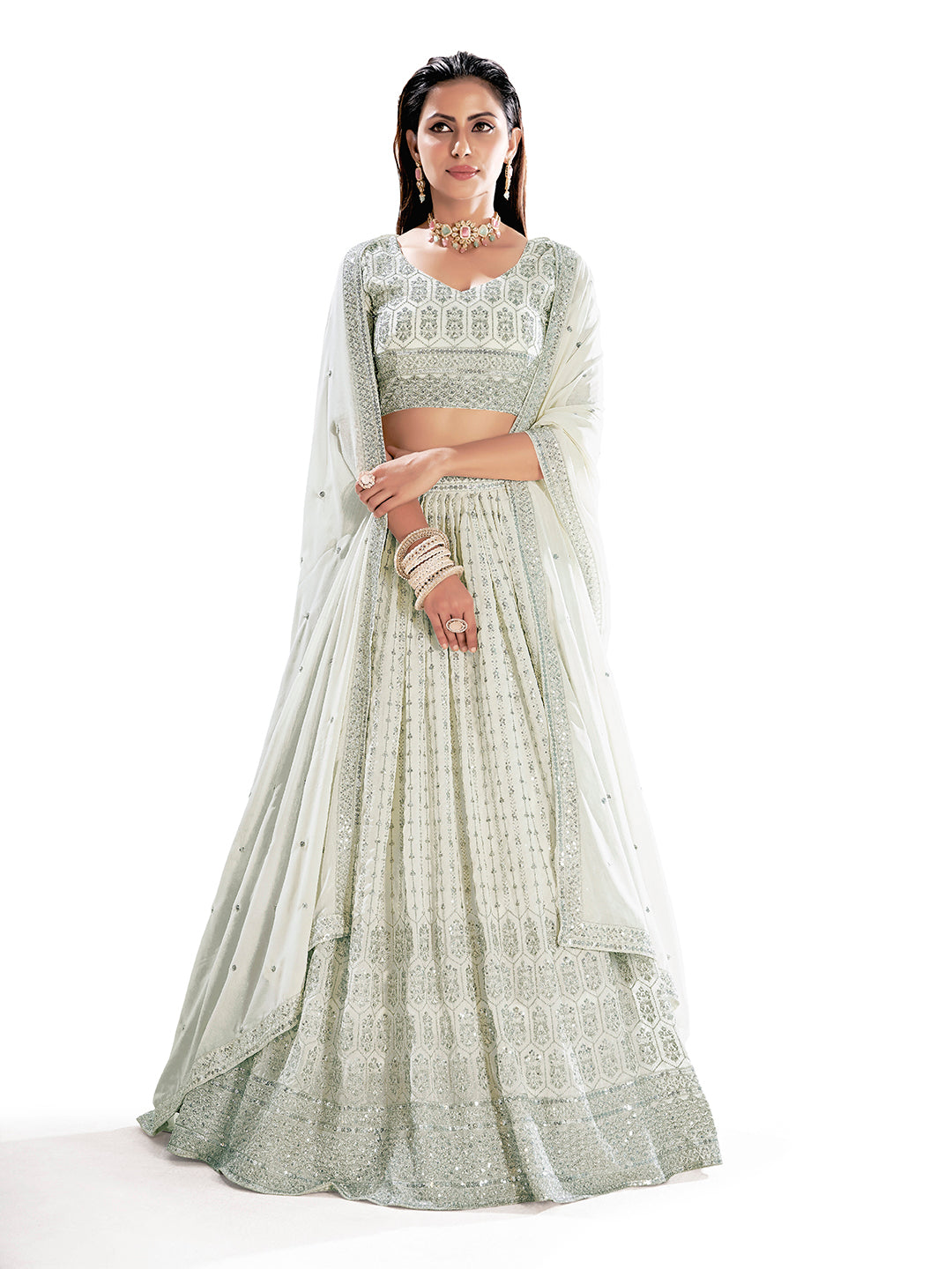 White Semi-Stitched Lehenga & Unstitched Blouse With Dupatta