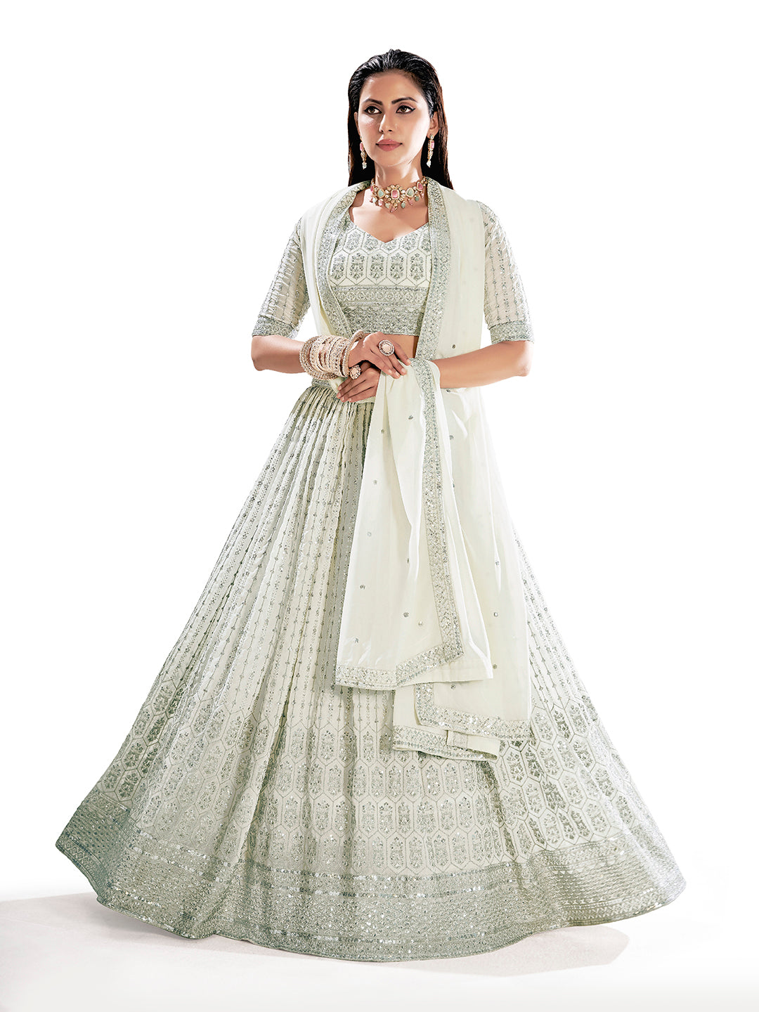 White Semi-Stitched Lehenga & Unstitched Blouse With Dupatta